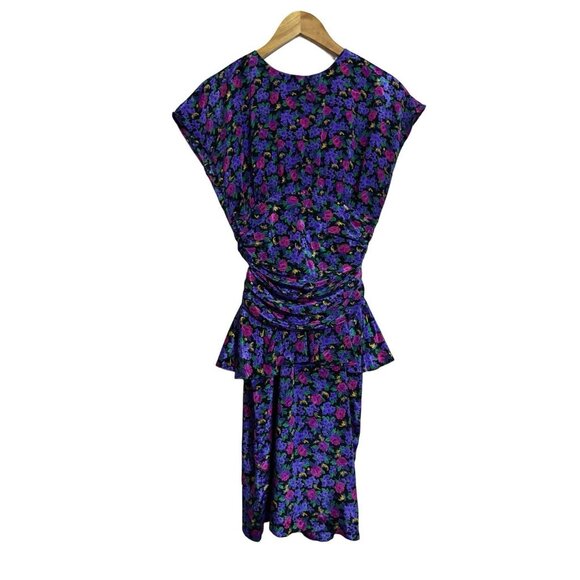 Vintage 80s Floral Peplum Dress Shirred Waist Button Back Sz 5/6 Retro 1980s‎ - Picture 3 of 8